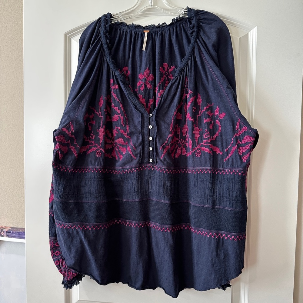 Free People Navy Blue Sleeveless Peasant Top with Magenta Embroidery
